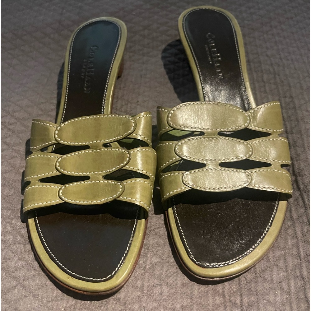 Cole Haan Olive leather slides comfy. On the narrow width side though